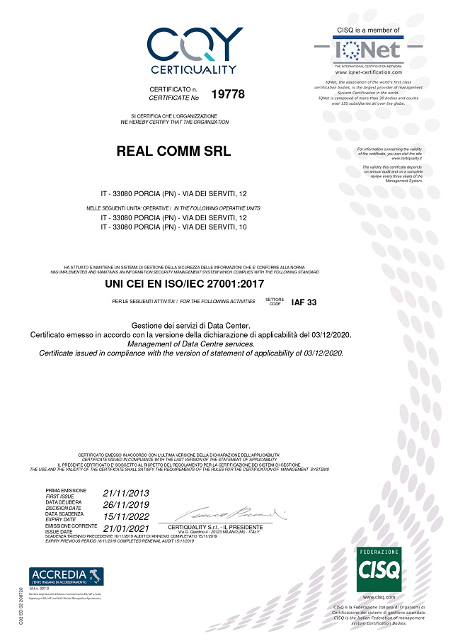 certificato ISO 27001:2016
