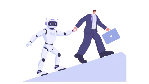 Uomo che tiene per la mano un robot